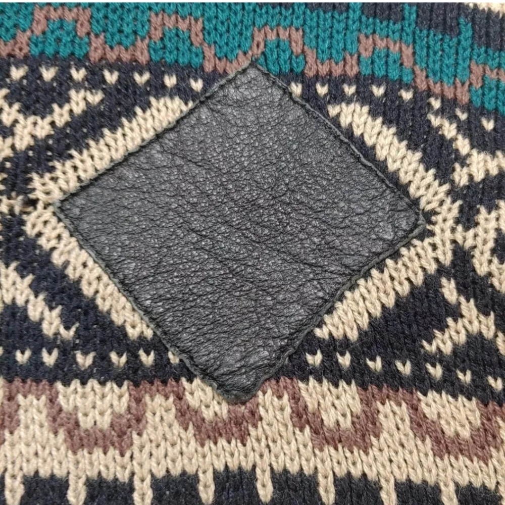 Vtg Impact Sweater Men XL Leather Patches Geometric Eclectic Grampa Ski Crewneck